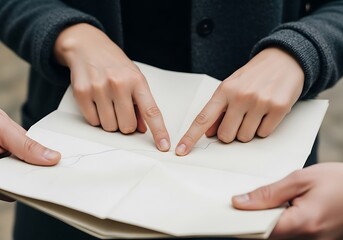 Collaborative route planning: Fingers tracing a map symbolizing teamwork and guidance