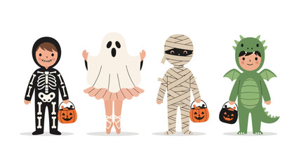 Whimsical Halloween Parade: Four costumed children radiate Halloween joy, each character uniquely designed to evoke the enchantment of trick-or-treating season, capturing innocence and festive fun.