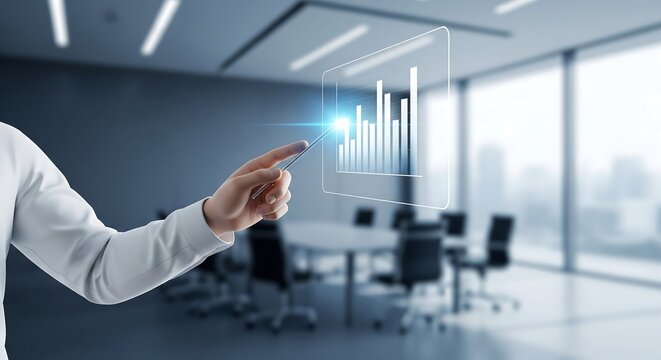 A person's hand interacting with a digital financial growth chart in a modern office setting. - Powered by Adobe