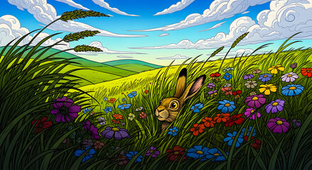 Obraz premium Rabbit hiding in a vibrant meadow filled with colorful wildflowers under a bright blue sky with fluffy white clouds