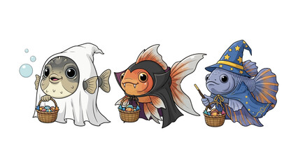 Fishy Halloween Parade: Three aquatic creatures dressed in charming costumes and carrying festive baskets prepare for Halloween fun. A whimsical and cheerful scene.
