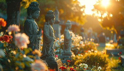 Tranquil Garden View with Stone Statues and Lush Rose Bushes at Sunset Bathed in Golden Sunlight in a Serene Setting