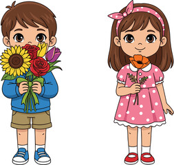 Cartoon children holding flowers, cheerful boy with bouquet and girl with single bloom, colorful vector celebrating kindness, spring, and gifting