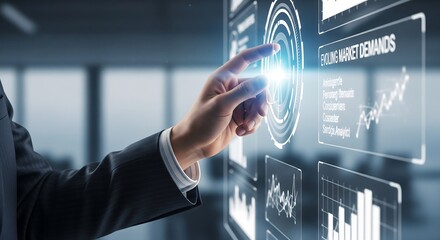 A person's hand interacting with a futuristic digital interface displaying market data and charts.