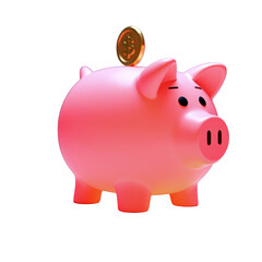 Obraz premium Piggy bank, rendered in pink, with a gold coin about to be inserted on a clean black background, representing savings, finance, wealth, and financial planning in a minimalist composition.