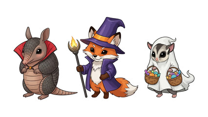 Whimsical Halloween Animals: A charming trio of anthropomorphic animals in whimsical Halloween costumes, ready for trick-or-treating or a spooky adventure. 