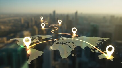 Dynamic global travel routes connect cities worldwide with glowing location pins and bright pathways showing international logistics and connectivity.
