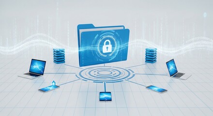 Digital security concept: A folder with a padlock is connected to devices and databases via a network.