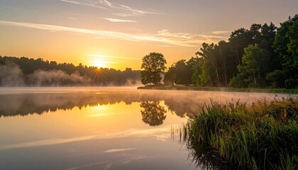 Tranquil Lake Reflecting Sunrise with Misty Haze and Lush Green Trees in Golden Light Landscape