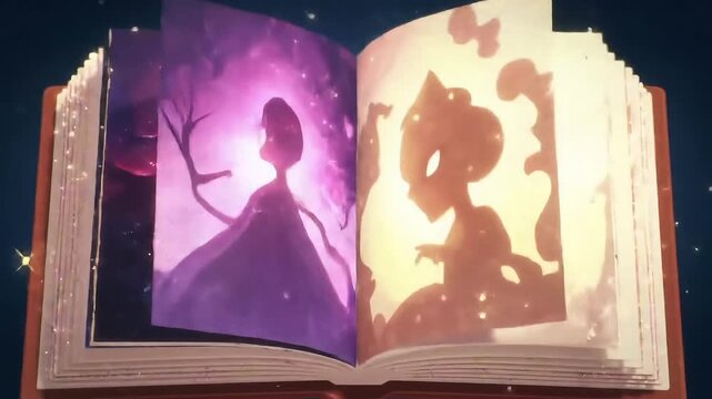 Fairytale unfolds, angel and demon face off in an enchanted book, revealing a magical world with contrasting light and shadow, mystery abounds