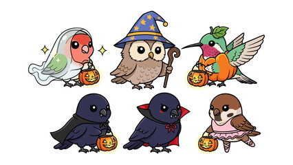 Halloween Bird Friends: Adorable birds, each in unique costumes, bring Halloween spirit, featuring an owl as a wizard, a hummingbird with a pumpkin bag.