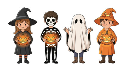 Spooky Spectacle: Four cheerful children, dressed in vibrant Halloween costumes, each clutching a glowing jack-o'-lantern, radiating an atmosphere of festive joy and fun.