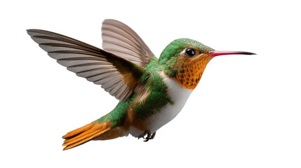 Obraz premium Hummingbird in Flight: A vibrant hummingbird in mid-flight, showcasing its colorful plumage and delicate features, capturing a moment of avian grace.