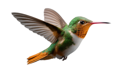 Hummingbird in Flight: A vibrant hummingbird in mid-flight, showcasing its colorful plumage and delicate features, capturing a moment of avian grace.
