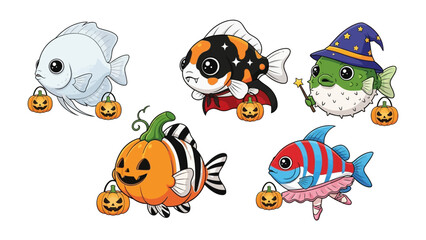 Halloween Aquatic Friends: Adorable cartoon fish in vibrant costumes and pumpkin treat buckets against a backdrop of playful festive flair, spreading the spirit of All Hallows' Eve.