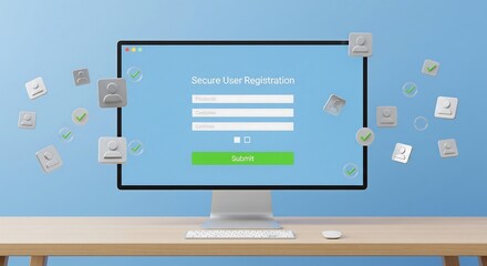 A computer monitor displays a user registration form with floating icons, suggesting security and successful validation.