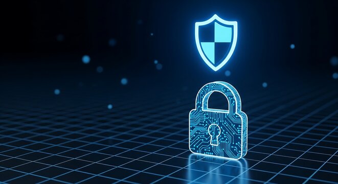 Glowing padlock and shield hover above a grid, symbolizing digital security and data protection.