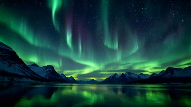 A dramatic night view with the incredible aurora borealis. Bright, luminous green ribbons of light dance across the dark, star-studded night sky.
