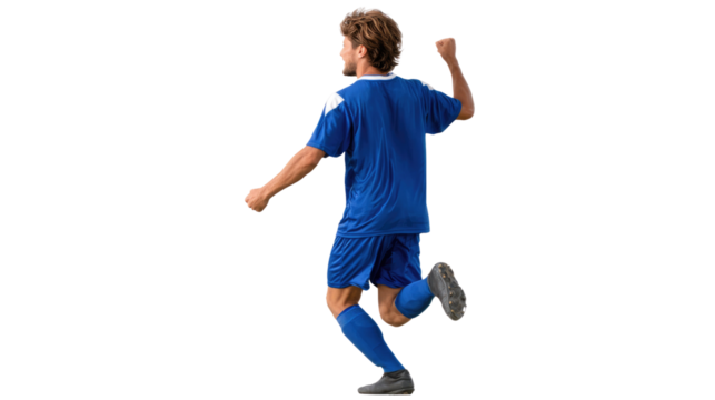 Soccer Player's Jubilation: A soccer player, dressed in vibrant blue, celebrates a goal with unbridled joy, showcasing the pinnacle of athletic achievement and sportsmanship.