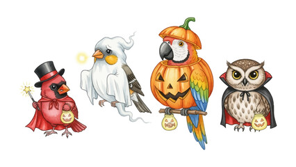 Halloween Avian Ensemble: A quartet of creatively dressed birds, each embodying a unique Halloween character, creating a charming, fantasy-inspired scene.