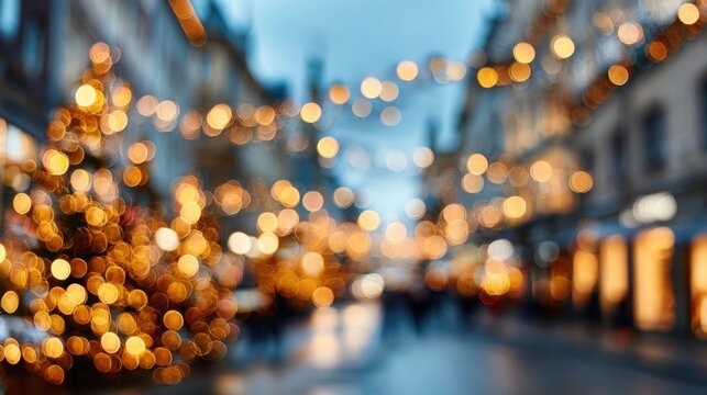 Blurred bokeh of golden Christmas lights hanging over a city street. Capturing the warm, cozy, and festive holiday mood. - Powered by Adobe