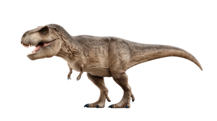 T-Rex on White: A realistic depiction of a Tyrannosaurus Rex, isolated against a minimalist background, showcases the awe-inspiring form of the prehistoric apex predator.