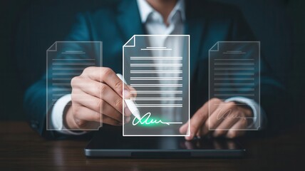 Professional signing digital contract on tablet device with stylus pen, modern technology for business agreements and legal documents.