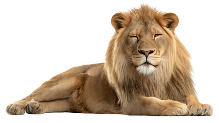 Obraz premium Majestic Lion's Serenity: The King of the Jungle rests peacefully, his eyes closed as he basks in a moment of quiet solitude. Its golden mane is a crown, and its posture conveys strength and serenity.