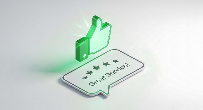 Green thumbs up icon with a speech bubble containing five stars and the text "Great Service!".