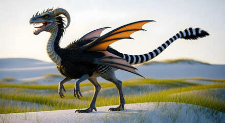 A mythical creature with wings spreads orange and black tail feathers while walking on a grassy plain with rolling hills in the background