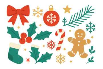 Christmas holiday decoration set with gingerbread man, candy cane, holly, bow, ornament, pine branch, transparent background