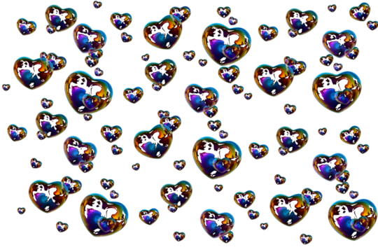 Iridescent Heart Bubbles Floating Against a Geometric Blue Background Keywords: heart, bubble, iridescent, reflection, rainbow isolated on a transparent background