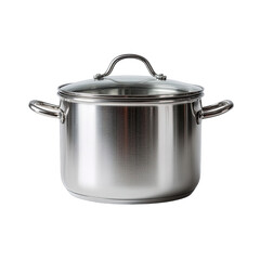 Shiny metal stockpot with glass lid on a black background