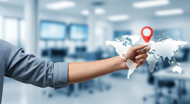 A person holds a paper cutout of the world map with a red location pin on it. - Powered by Adobe