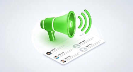 Green megaphone broadcasting over a contact list on a white surface, suggesting communication or announcement.