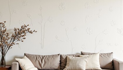 Elegant Living Room with Neutral Toned Couch and Decorative Wall Art Featuring Subtle Floral Embellishments and Minimalist Natural Aesthetic