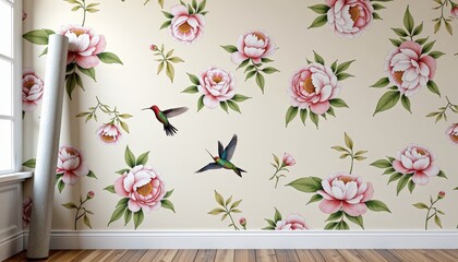Charming Vintage Wallpaper with Lush Floral Design and Hummingbirds in a Sunlit Room Featuring Natural Wooden Flooring