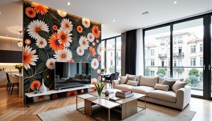 Modern open-concept living room with vibrant floral accent wall, large windows overlooking urban landscape, sleek furniture and natural light creating an inviting atmosphere