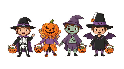 Halloween Costume Parade: a playful illustration showcasing a delightful group of children in vibrant Halloween costumes.