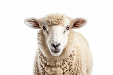Fototapeta premium Cut out of young sheep isolated on white background looking at camera. No people. Copy space isolated on white background