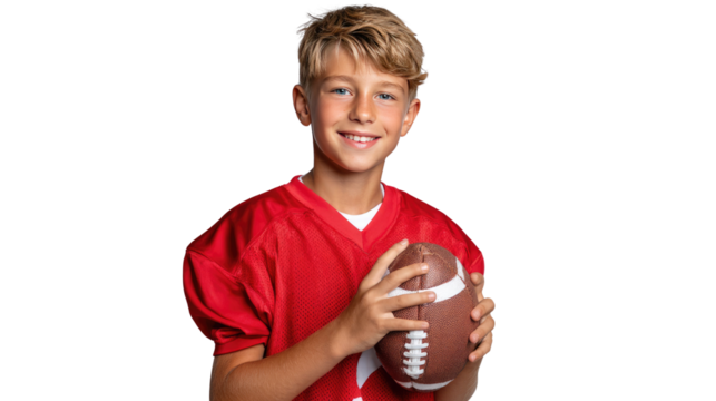 Young Football Player Portrait: A young, smiling football player, clad in a vibrant red jersey, cradles the football, showcasing his enthusiasm and athletic prowess.