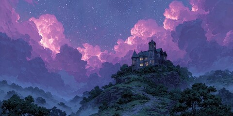 Creepy mansion atop haunted hill, surrounded by swirling fog, luminous purple skies