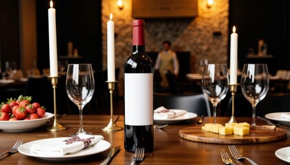Elegant dining table setting featuring a red wine bottle with blank label surrounded by gourmet cheese platter, strawberries, and candlelight ambiance