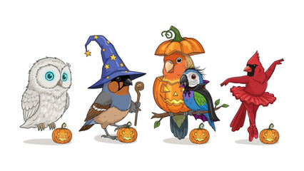 Halloween Birds Parade: A whimsical assortment of birds, each adorned in unique Halloween costumes and accessories, stand ready for a delightful trick-or-treat night, all lined up ready to celebrate.