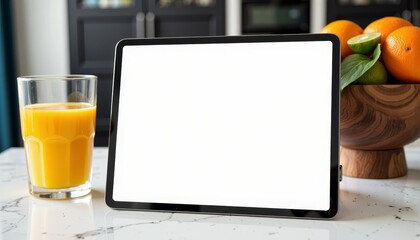 Digital Tablet with Blank Screen on Marble Countertop Next to Refreshing Glass of Orange Juice and Bowl of Fresh Citrus Fruits in Modern Kitchen Setting