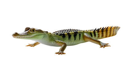 Naklejka premium Spectacular Caiman on the Move: A striking image of a caiman captured in meticulous detail, showcasing its textured scales and captivating eye, ready to seize its surroundings.