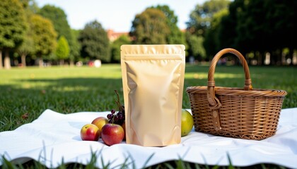 Golden pouch with fresh apples and grapes arranged on a white picnic blanket in a lush green park setting featuring a traditional wicker basket
