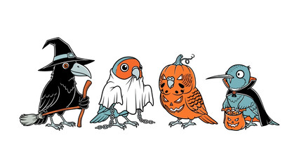 Spooky Feathered Friends: A delightful illustration captures four festive birds dressed in charming Halloween costumes. The avian ensemble, perfectly embodies the spirit of the holiday with witch.