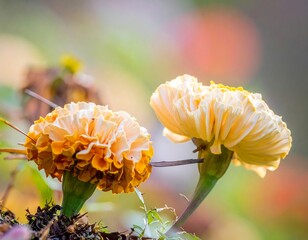 Two marigold blossoms in soft focus