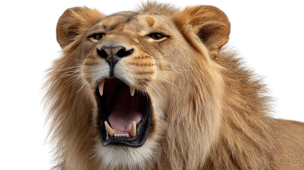 Roaring Lion in Focus: A majestic lion's head, captured in a close-up shot, showcases its powerful roar, revealing sharp teeth and the essence of its wild nature.